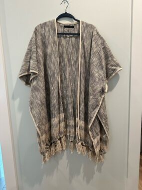 Anthropologie Gray and Cream Knit Fringe Poncho Cover-up